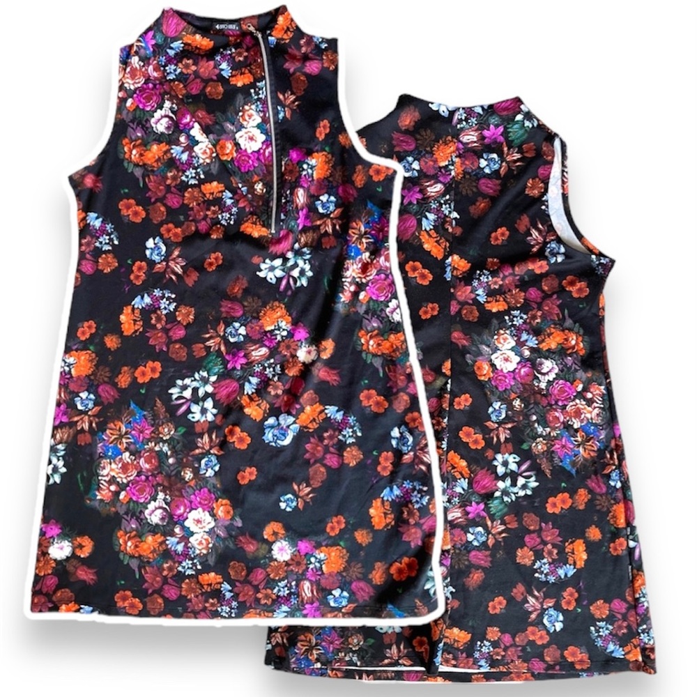 Beautiful 1X printed knit dress w/collar zipper detail midi